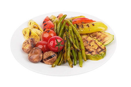 烧烤蔬菜食物西红柿绿色胡椒炙烤水平盘子相片洋葱韭菜图片