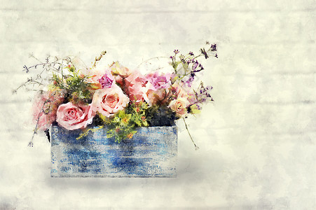 木箱中美丽的玫瑰花束 水彩画中的丝质图片