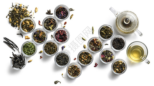 白色背景上的大型茶叶组合 从顶部的视图饮料芳香茶壶花瓣茉莉花食物草本植物香气杯子水果图片