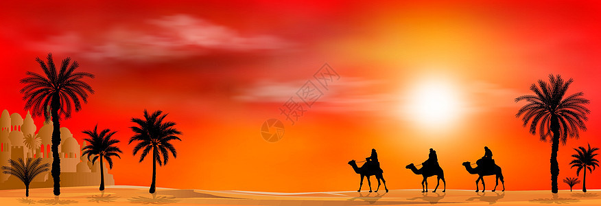 日落背景上的骆驼骑手图片