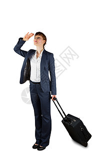 拥有手提箱和看望的女商务人士夹克职业公司牵引行李旅行人士女士套装游客图片