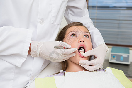 儿科牙医 检查牙椅上一个小女孩牙齿的牙片工具工作诊所女孩斜角镜考试专业牙科口腔设备背景图片