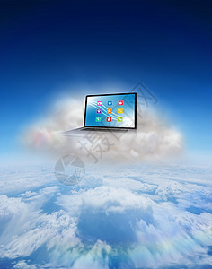 浮云上笔记本电脑的复合图像计算绘图环境天空多云蓝色计算机云计算技术高度图片