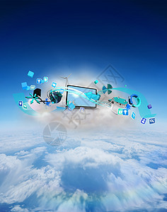 带有应用程序的浮云上笔记本电脑综合图像云计算阳光环境高度多云计算机计算天空绘图蓝色图片