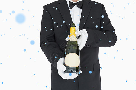 盛装香槟酒瓶的侍者综合图像套装蓝色领结服务瓶子衣冠衬衫服务员下雪奢华图片