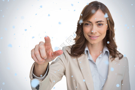 商业女商务人士用相机指着她的手指的肖像综合图像手势微笑夹克蓝色职业女性下雪衬衫人士商务图片