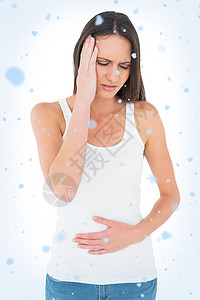 胃痛和头痛的不高兴妇女头发女士肚子悲伤棕色身体腹痛眼睛下雪背心图片