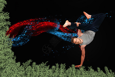休息舞者展示他的敏捷和平衡阴影体操计算机头发运动服漩涡蓝色霹雳舞叶子短发图片