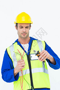 配有钳子的电动剪接线金属安全修理工反光衣电工技术工作服黄色蓝色男性图片