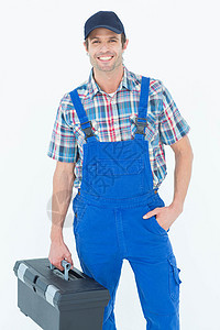 自信的水管工携带工具箱男性职业口袋修理工技术员工作服蓝色男人服务管道图片