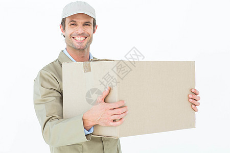 带纸箱的  快乐送货员导游微笑送货男性服务体力劳动者盒子职业幸福邮递员图片