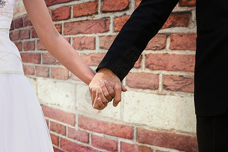 新婚夫妇在公园中手握手的中间区综合图象裙子双手庆典婚礼联盟新娘婚姻新人婚纱幸福图片