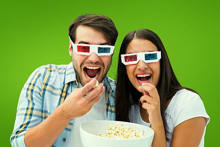 喜人年轻夫妇在看3D电影的复合形象休闲女士娱乐潮人服装计算机插图混血女朋友数字图片