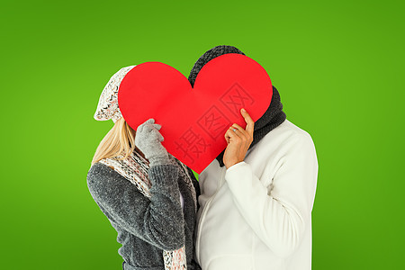 冬季情侣的复合形象 以心脏形状装扮成心形情人计算机插图男人亲密感围巾帽子绿色卡片感情图片