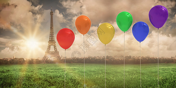 彩色气球复合图像地标计算机乐趣天空多云绿色绘图派对图片
