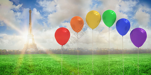 彩色气球复合图像计算机阳光派对天空绘图蓝色绿色地标乐趣图片