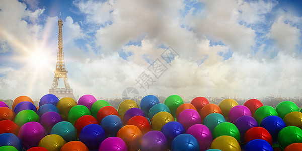 彩色气球复合图像地标派对阳光绘图天空蓝色乐趣计算机绿色图片
