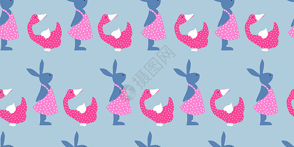 复活节背景 明亮的无缝模式 复活节兔子 蓝色和粉红色漩涡窗饰装饰品纹饰插图金属障碍花园风格格子图片