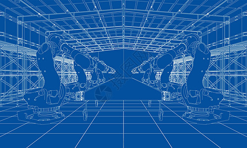 具有工业机器人操纵器的工厂仓库手臂自动化工业力学蓝图生产衣架机械货架图片