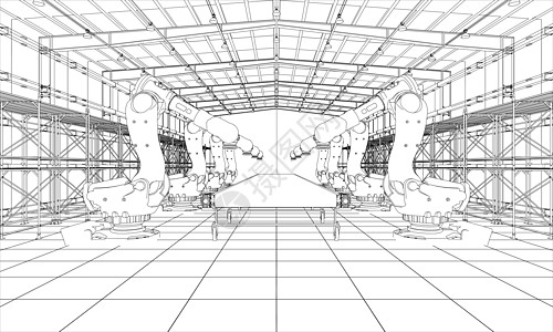 具有工业机器人操纵器的工厂自动化生产草图技术电脑货架蓝图科学作坊机械图片