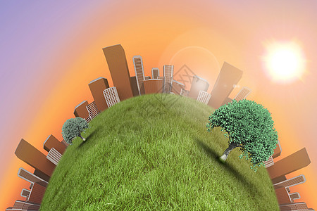 树叶生长的小绿色幼苗的复合图象建筑计算机草地紫色摩天大楼城市黄色天空树干绘图图片