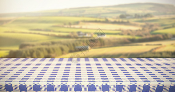 风景桌面蓝色和白色桌布的复合图像多云太阳阳光绿色美丽场地食物隐藏风景桌子背景