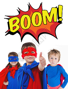 身着超级超人服装的儿童综合形象手势大写字母红毯子超级英雄工作室双手流行语橙子面具想像力图片