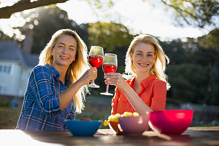 美丽的女人为一杯红酒敬酒友谊食物庆典喜悦晴天休闲酒杯闲暇服装酒精图片