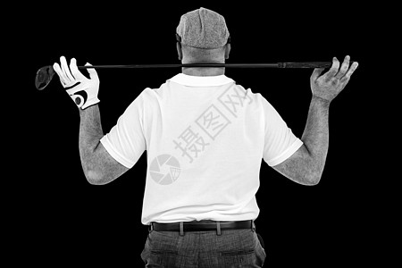 高尔夫球手在高尔夫俱乐部的后观综合图像广告活力黑色竞赛高尔夫球服娱乐闲暇绘图计算机高尔夫球图片