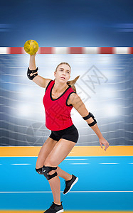 女性运动员的复合形象 手球手肘板打手球场地体力精神活动闪光竞技训练女士选手奉献图片