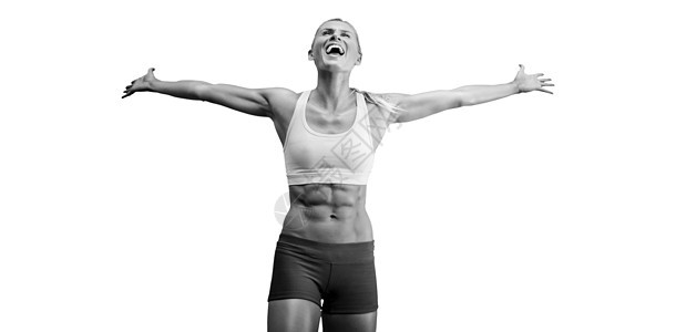适合的女子庆祝胜利 与手臂拉伸护理身体成功快乐女性肌肉双臂嘴巴女士竞技图片