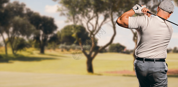 高尔夫球手拍摄的复合肖像图像公园草地闲暇蓝天娱乐专注爱好俱乐部男性活力图片