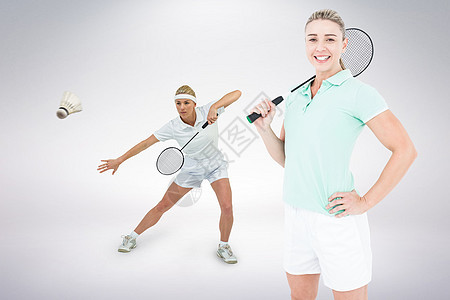 羽毛球玩家演奏和装扮的复合图像能力身体选手球拍微笑运动鞋竞赛体力运动运动员图片