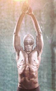 游泳运动员的复合图像准备下潜活力铁人原住民潜水男性泳镜播放器姿势训练泳裤图片