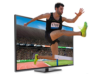 运动男子练习跳跃表演的复合形象障碍跑步论坛男人计算机活动电视蓝天运动员屏幕图片
