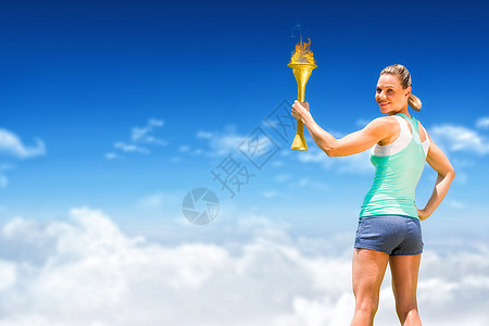 妇女装饰奖杯的复合形象竞技女性计算机成功多云女士绘图运动员高度火炬图片
