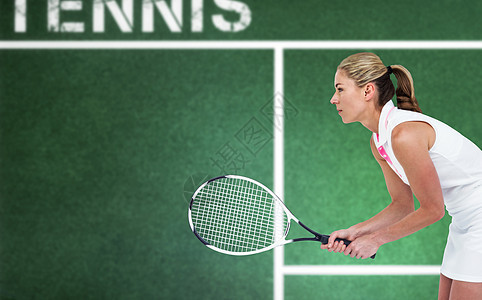 运动员用电击打网球的复合图像爱好活动专注运动播放器女性球拍网球数码运动服图片