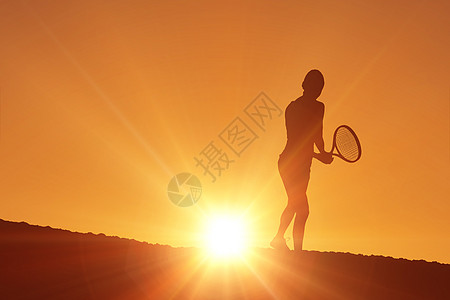 女运动员打网球的复合图象运动竞赛天空太阳体力游戏女性日落阳光活动图片