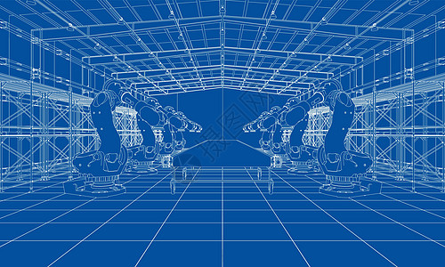 具有工业机器人操纵器的工厂科学生产作坊仓库机械衣架工程自动化蓝图手臂图片