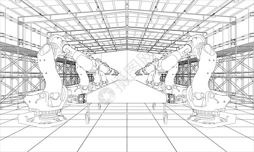 具有工业机器人操纵器的工厂机器作坊电脑科学草图手臂力学商业生产智力图片