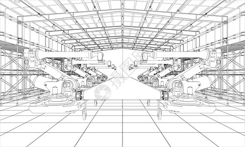 具有工业机器人操纵器的工厂力学手臂货架作坊机械技术电脑机器草图衣架图片