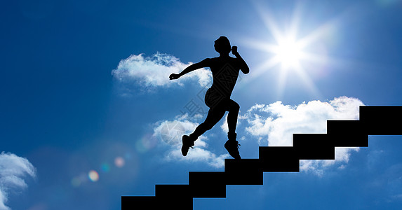上楼梯的男子数字复合体自由阳光蓝天黑色多云太阳跑步晴天身体跳跃图片