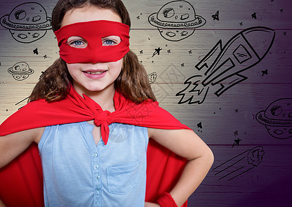 假扮超级超级英雄的女孩的数码综合图像Name绘画星星超级英雄火箭木板阴影想像力微笑娱乐眼罩图片