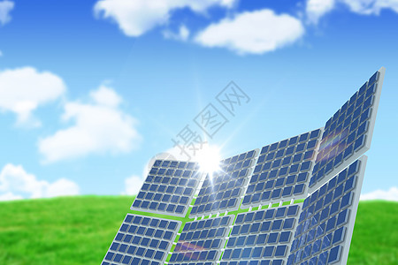现代太阳能设备与地貌景观对比的复合图像背景图片