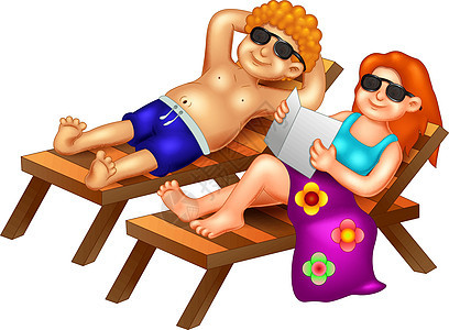 坐在棕色木椅上晒日光浴的酷男孩和女孩卡通片图片