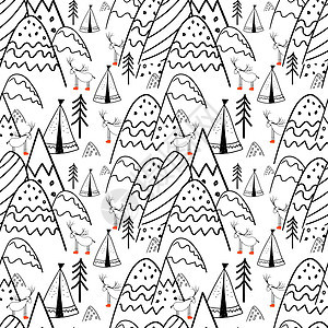 北部森林 民间风格的插图 程式化的山脉 斯堪的纳维亚版画 画线 孩子们的无缝模式墙纸草图打印卡片绘画明信片涂鸦公园窗帘纺织品背景图片