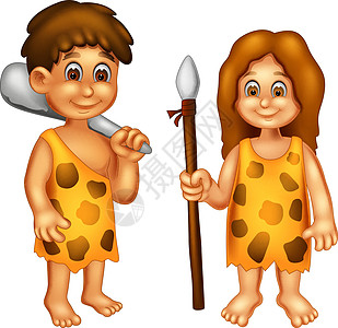 两个古代人类男孩和女孩穿着棕色西装和岩石长矛卡通图片