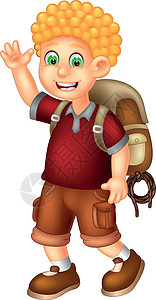 酷冒险男孩在红色衬衫与棕色背包和绳子卡通图片