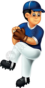 棒球投手球员在蓝色制服与棒球手套卡通图片
