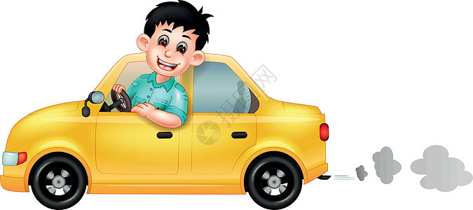 有趣的男孩驾驶黄色汽车卡通图片